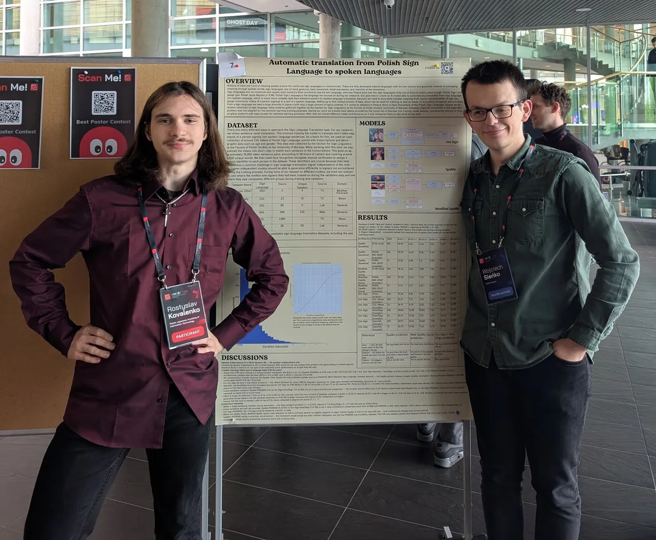 Rostyslav Kovalenko and Wojciech Sieńko next to the CrocoSign poster at the GHOST Day conference
