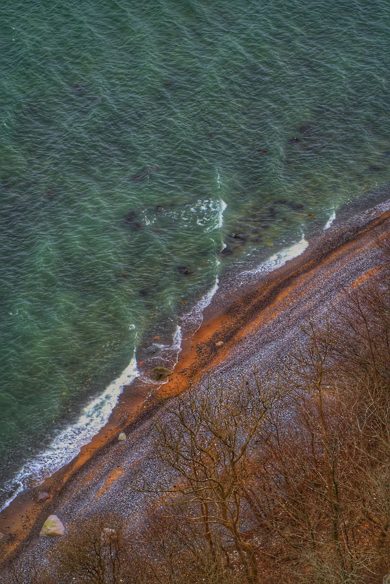 Looking down a slope of bare winter trees at a narrow pebble beach and green sea with small breaking waves.