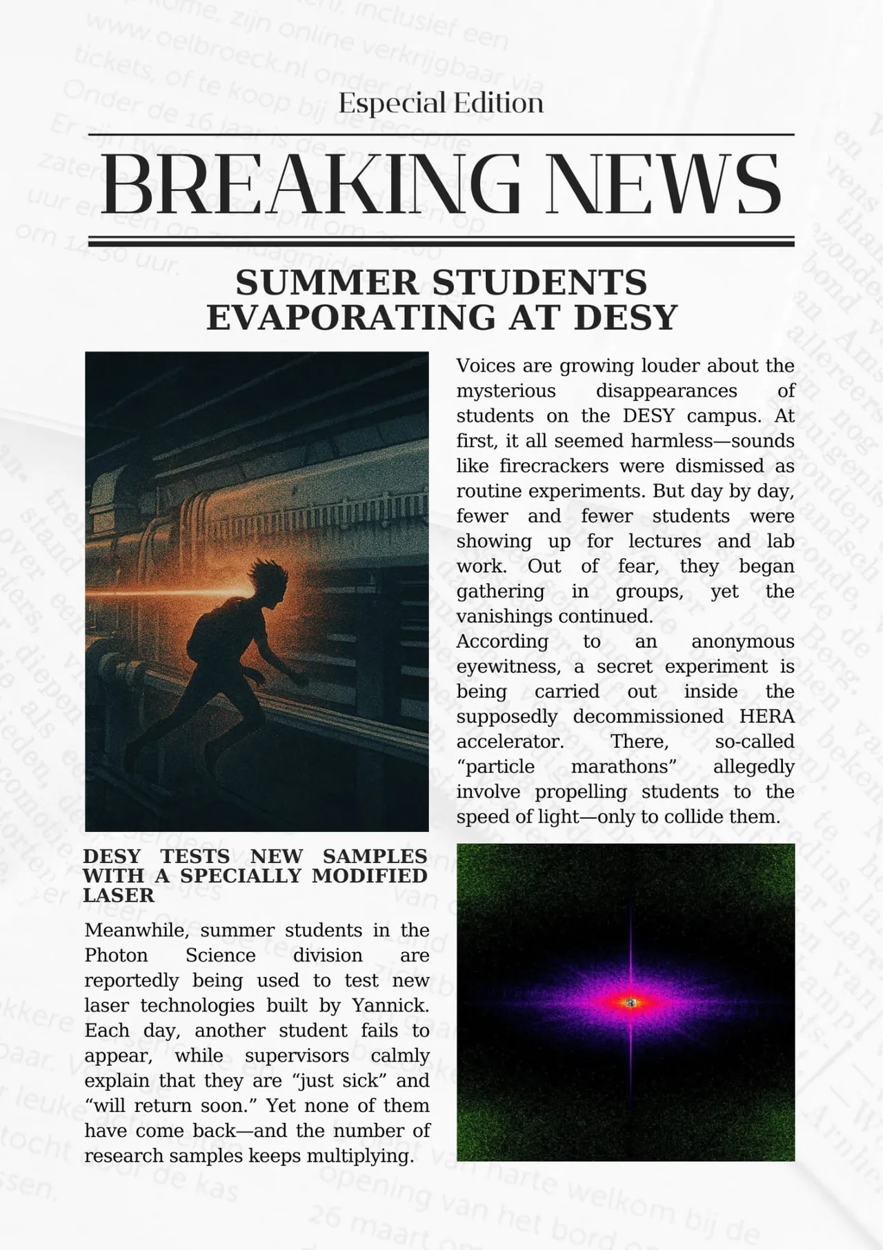 A mock newspaper front page, 'Breaking News: Summer students evaporating at DESY', joking that summer students vanish into the HERA accelerator and the lasers, with a silhouette running through a dark accelerator tunnel and a magenta laser spot on black.